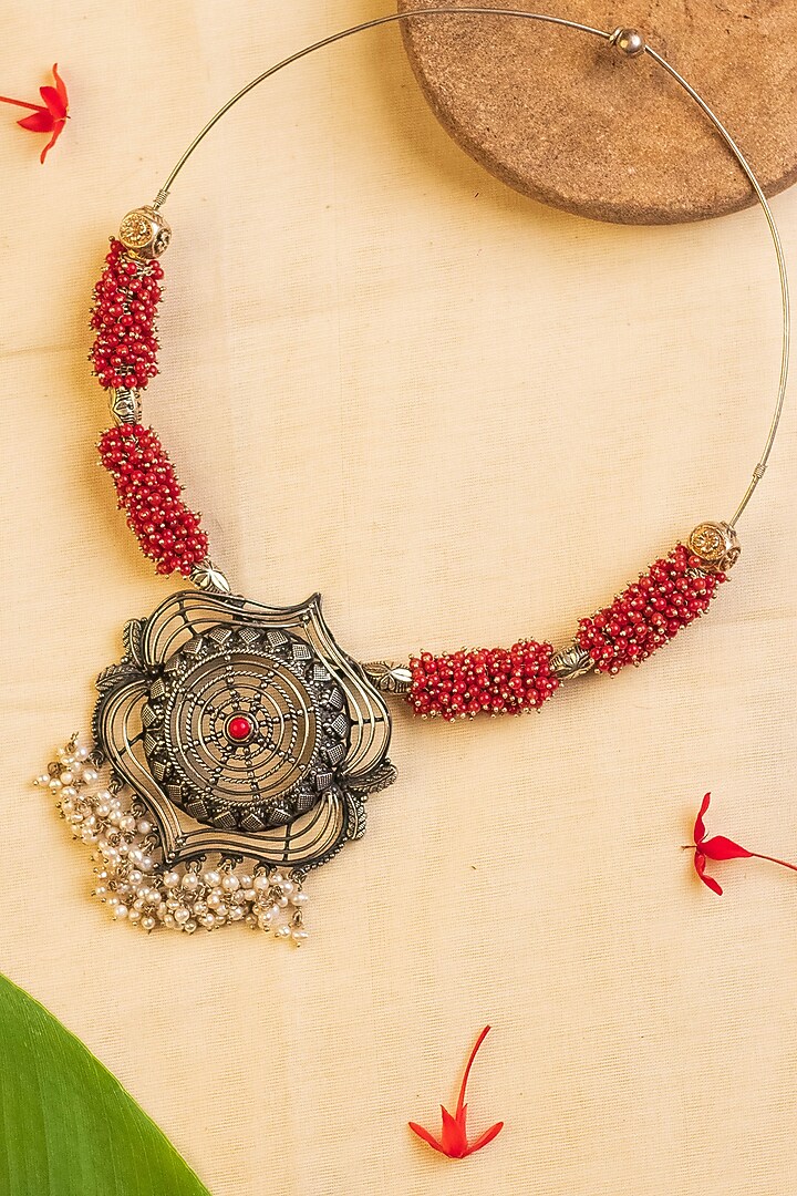 White Finish Coral Stone & Pearl Temple Necklace In Sterling Silver by Mero at Pernia's Pop Up Shop