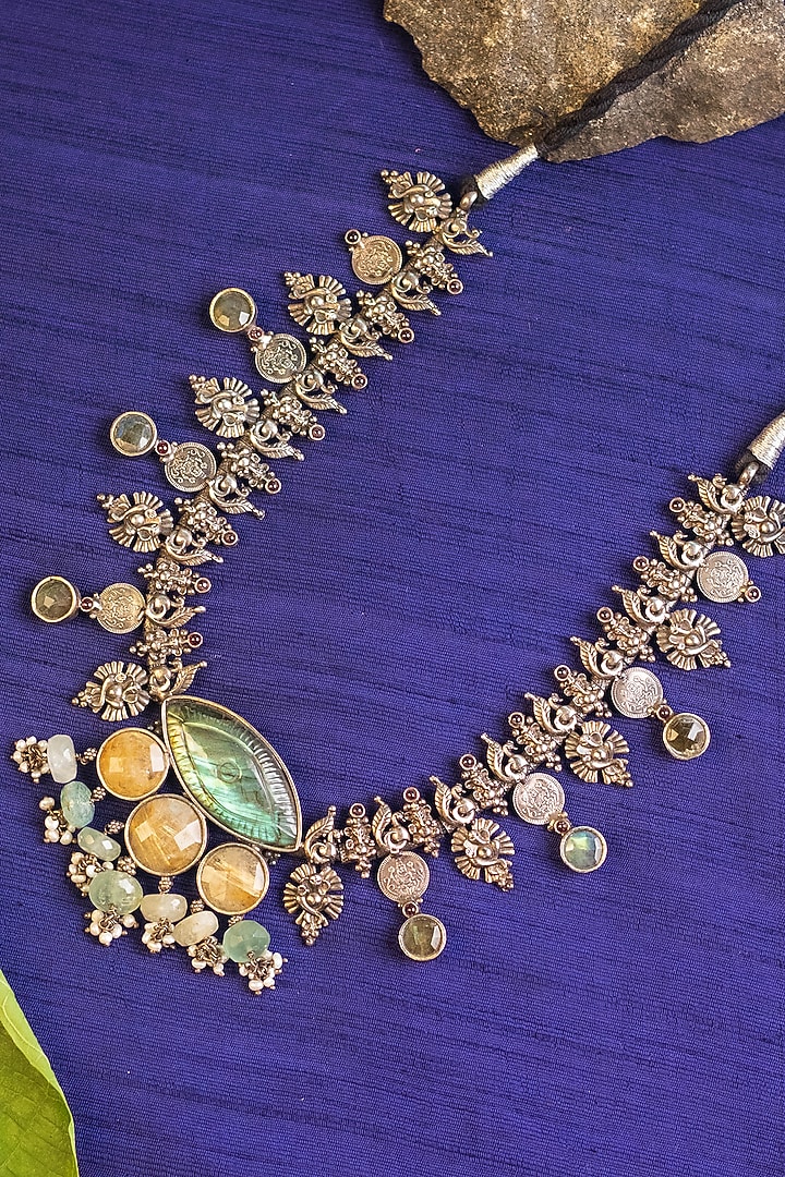 White Finish Labradorite & Pearl Temple Necklace In Sterling Silver by Mero at Pernia's Pop Up Shop
