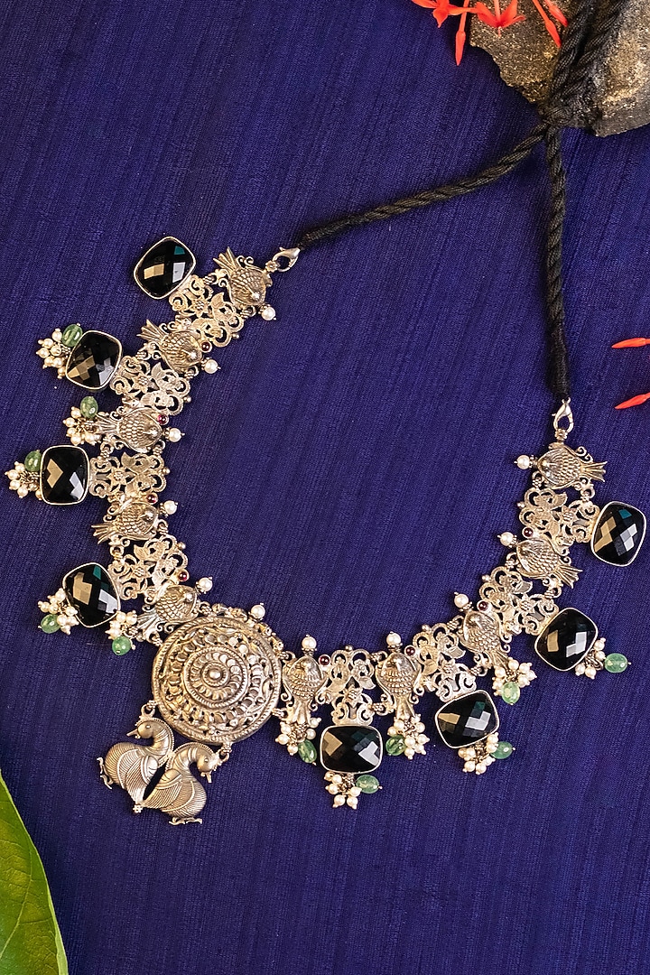 White Finish Onyx & Pearl Temple Necklace In Sterling Silver by Mero at Pernia's Pop Up Shop