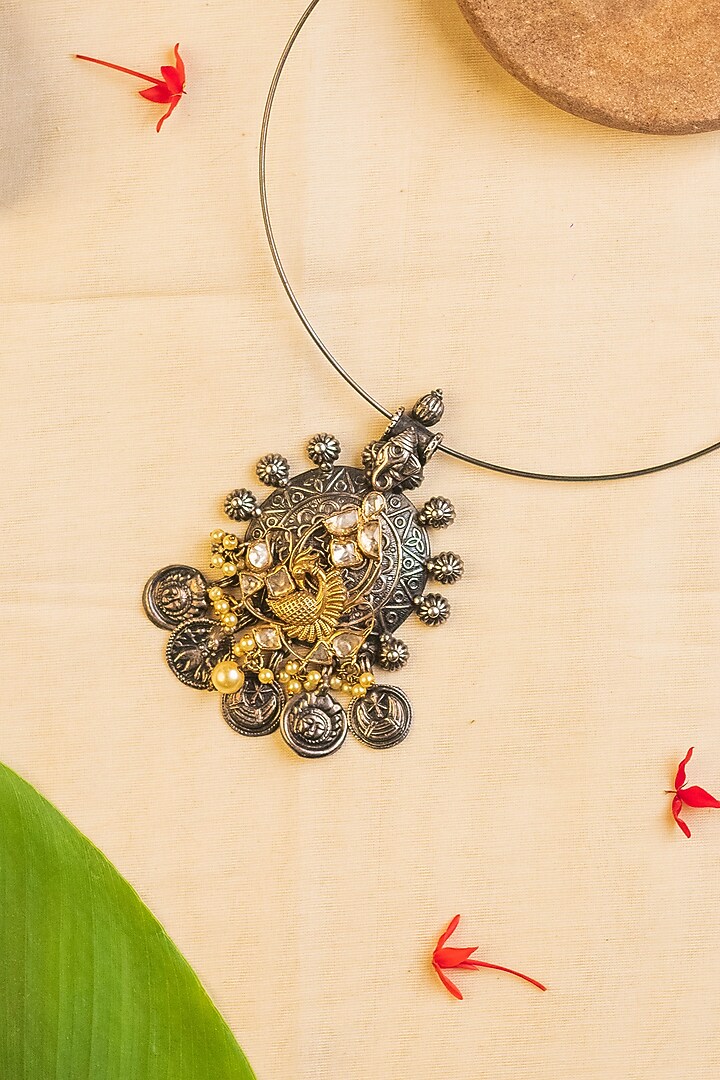 White Finish Kundan Polki Temple Necklace In Sterling Silver by Mero at Pernia's Pop Up Shop