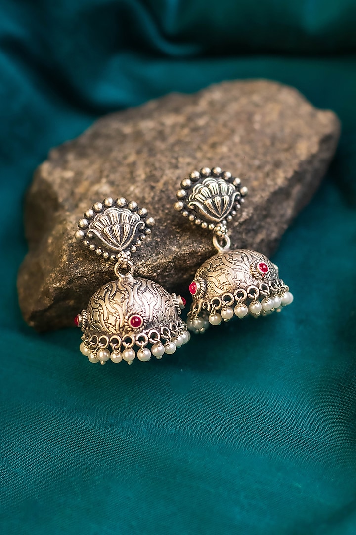 White Finish Kempstone & Pearl Temple Dangler Earrings In Sterling Silver by Mero