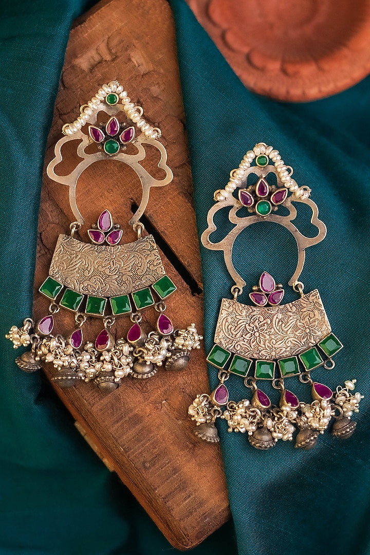 White Finish Kemp stone & Pearl Temple Dangler Earrings In Sterling Silver by Mero at Pernia's Pop Up Shop