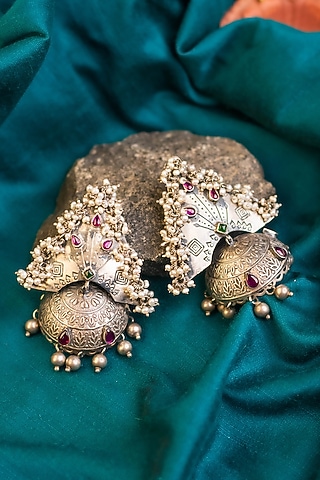 White Finish Kemp stone & Pearl Temple Jhumka Earrings In Sterling Silver by Mero