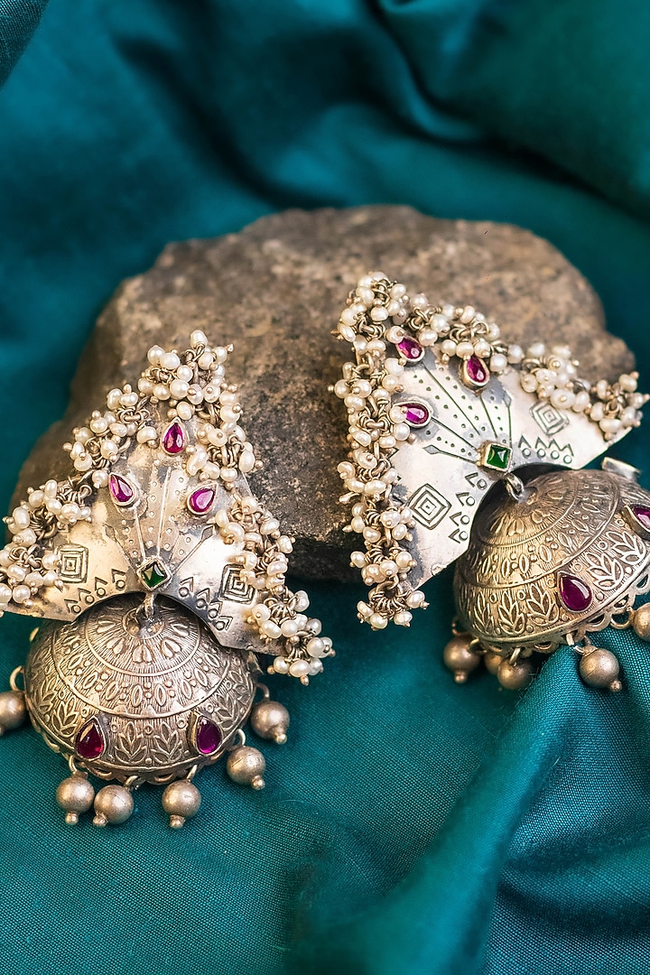 White Finish Kemp stone & Pearl Temple Jhumka Earrings In Sterling Silver by Mero at Pernia's Pop Up Shop