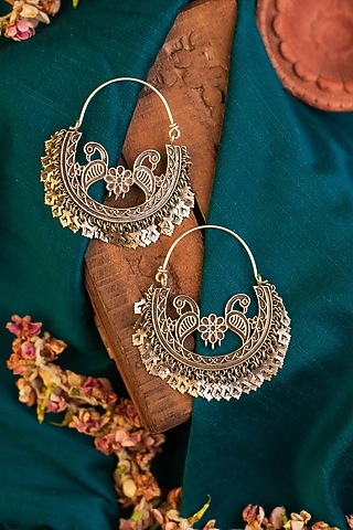 White Finish Temple Chandbali Earrings In Sterling Silver by Mero