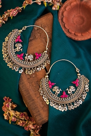 White Finish Temple Chandbali Earrings In Sterling Silver by Mero