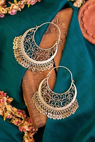 White Finish Temple Chandbali Earrings In Sterling Silver by Mero