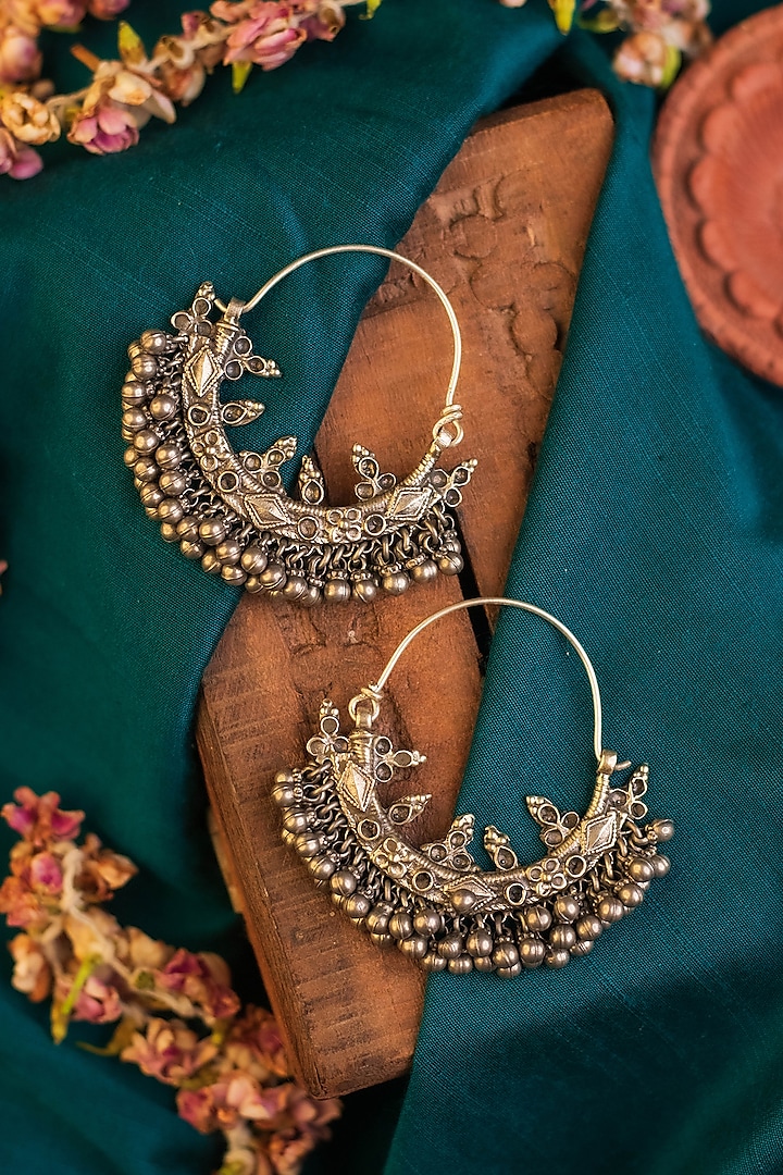 White Finish Temple Chandbali Earrings In Sterling Silver by Mero