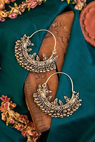 White Finish Temple Chandbali Earrings In Sterling Silver by Mero