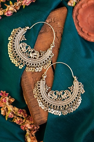 White Finish Temple Chandbali Earrings In Sterling Silver by Mero