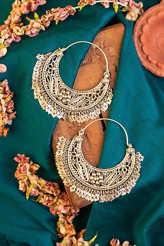 White Finish Temple Chandbali Earrings In Sterling Silver by Mero