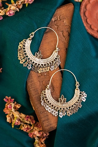 White Finish Temple Chandbali Earrings In Sterling Silver by Mero