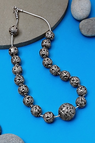 White Finish Chitai Beaded Long Temple Necklace In Sterling Silver by Mero