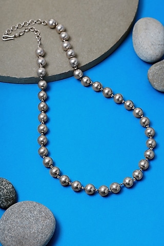 White Finish Beaded Long Temple Necklace In Sterling Silver by Mero
