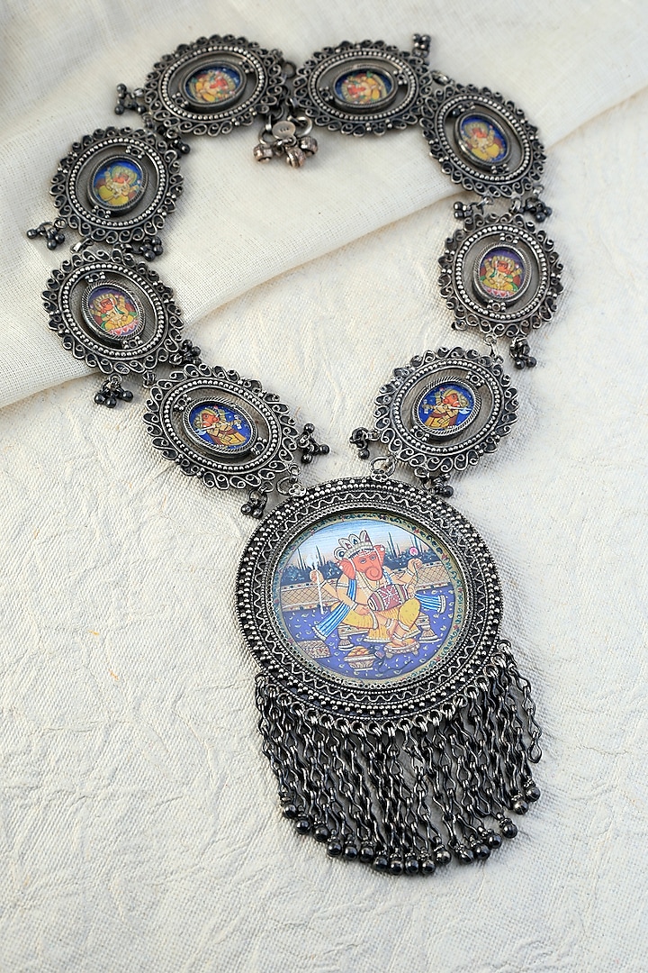 White Finish Ganesha Hand Painted Long Temple Necklace In Sterling Silver by Mero at Pernia's Pop Up Shop