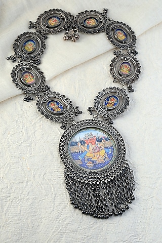 White Finish Ganesha Hand Painted Long Temple Necklace In Sterling Silver by Mero