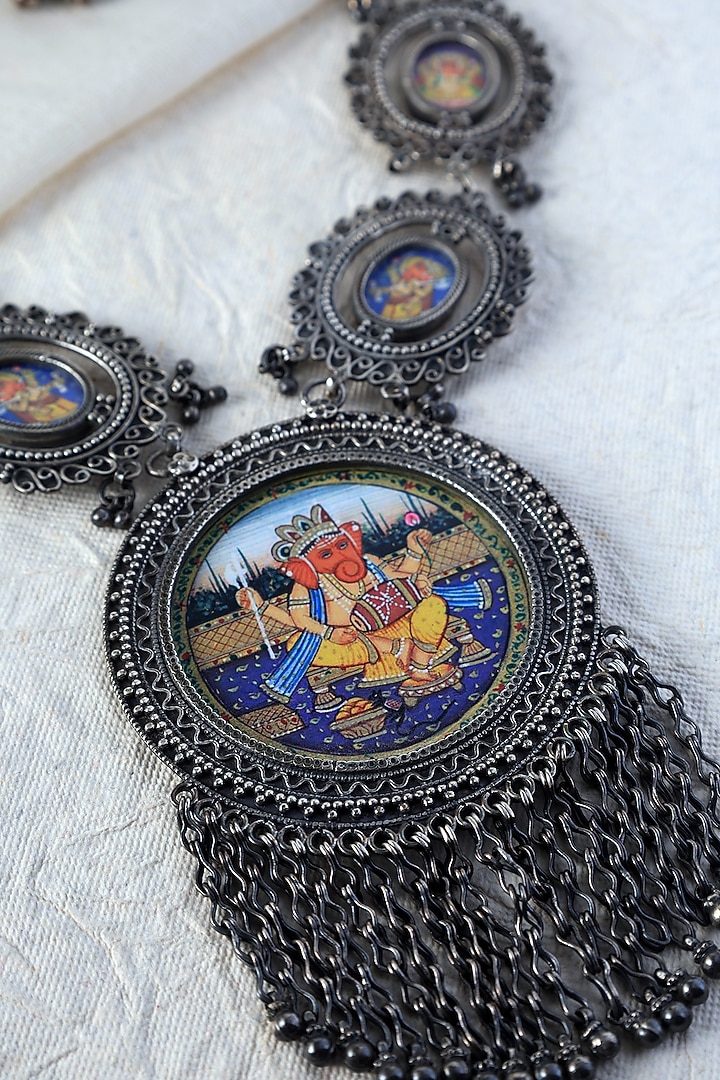 White Finish Ganesha Hand Painted Long Temple Necklace In Sterling Silver by Mero at Pernia's Pop Up Shop