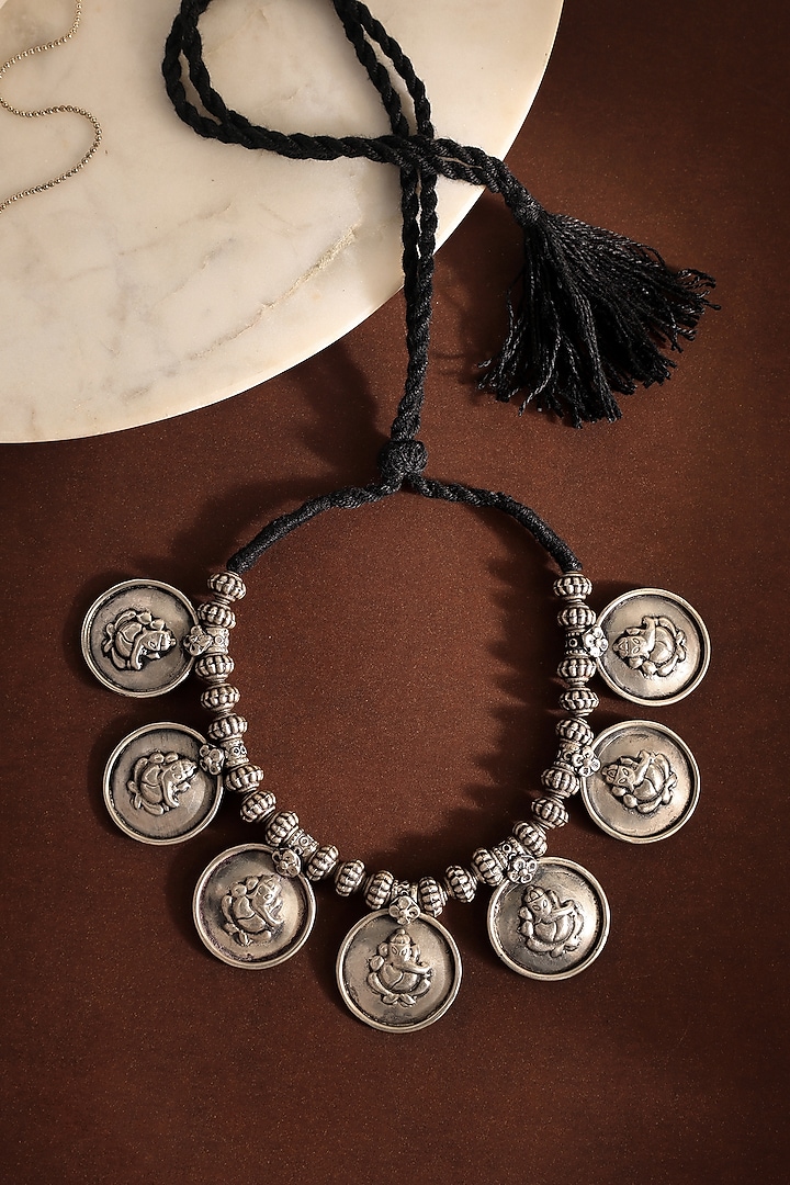 White Finish Ganesha Motif Coin Tribal Necklace In Sterling Silver by Mero at Pernia's Pop Up Shop