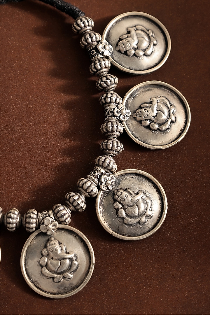 White Finish Ganesha Motif Coin Tribal Necklace In Sterling Silver by Mero at Pernia's Pop Up Shop