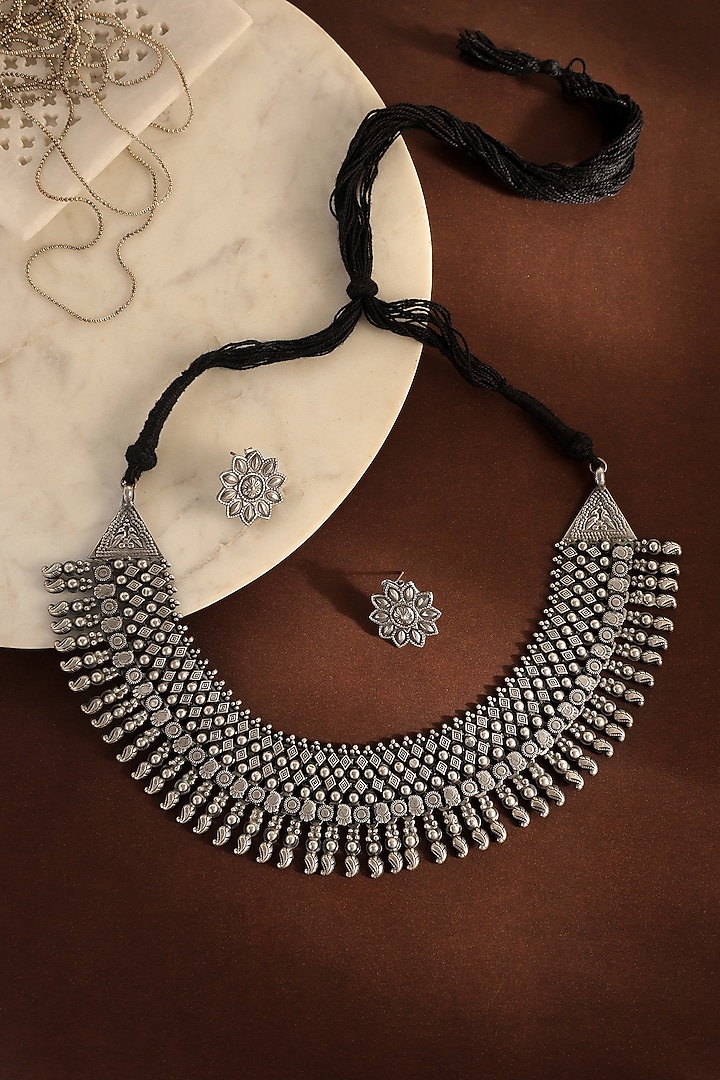 White Finish Motif Tribal Necklace Set In Sterling Silver by Mero at Pernia's Pop Up Shop