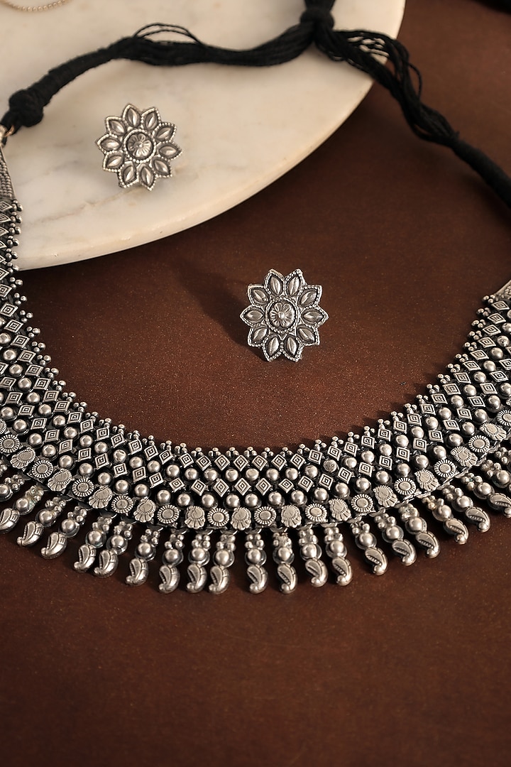 White Finish Motif Tribal Necklace Set In Sterling Silver by Mero at Pernia's Pop Up Shop
