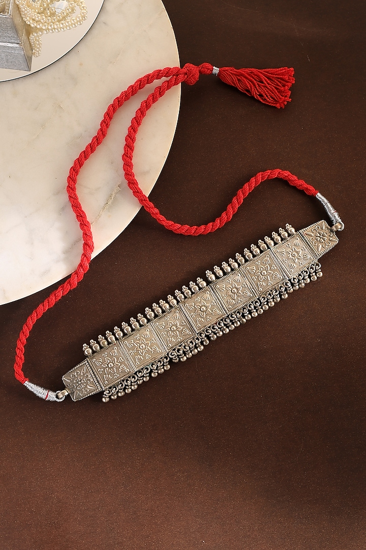 White Finish Motif Tribal Floral Choker Necklace In Sterling Silver by Mero at Pernia's Pop Up Shop