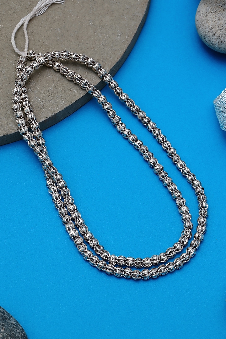 White Finish Beaded Long Temple Necklace In Sterling Silver by Mero at Pernia's Pop Up Shop