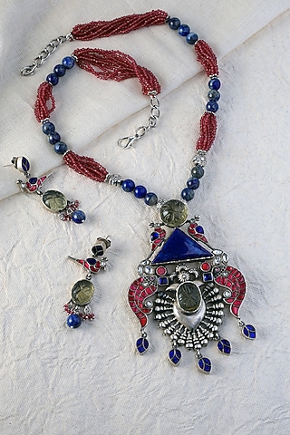 White Finish Kundan Polki Long Temple Necklace Set In Sterling Silver by Mero