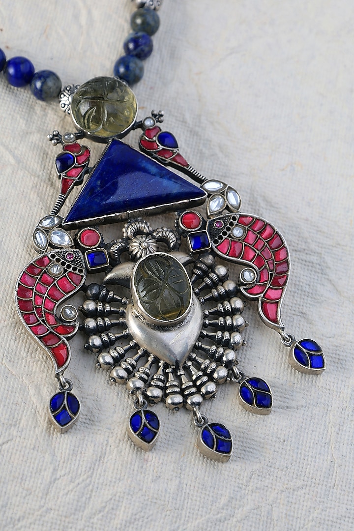 White Finish Kundan Polki Long Temple Necklace Set In Sterling Silver by Mero at Pernia's Pop Up Shop