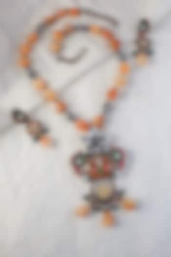 White Finish Kundan Polki Long Temple Necklace Set In Sterling Silver by Mero at Pernia's Pop Up Shop