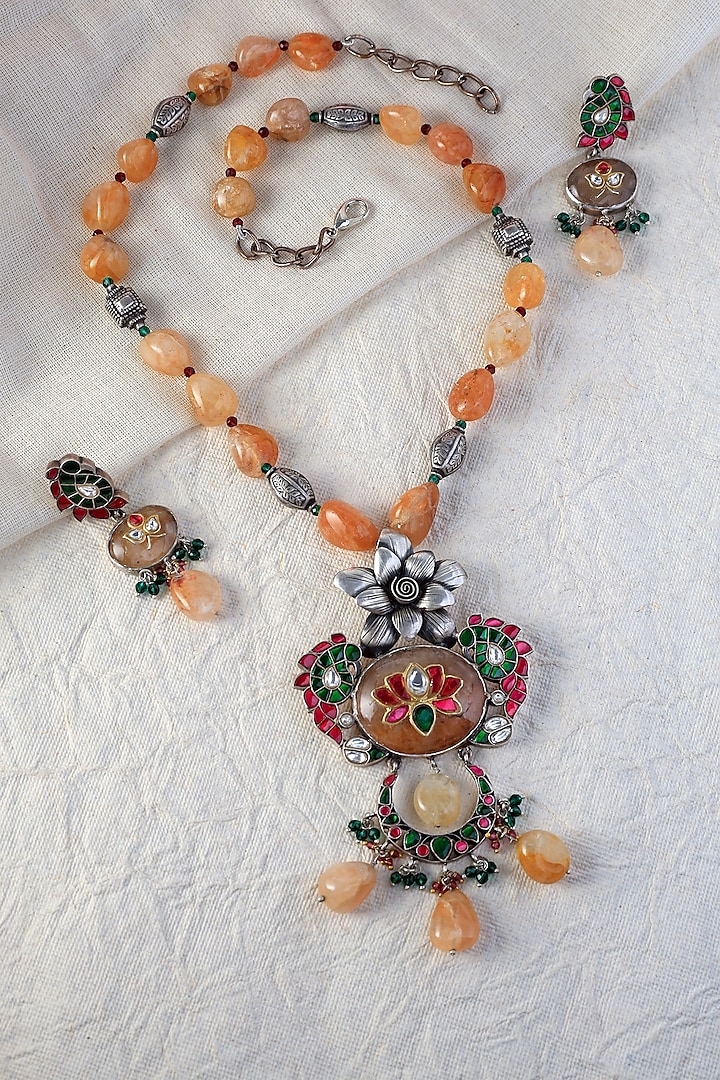 White Finish Kundan Polki Long Temple Necklace Set In Sterling Silver by Mero at Pernia's Pop Up Shop