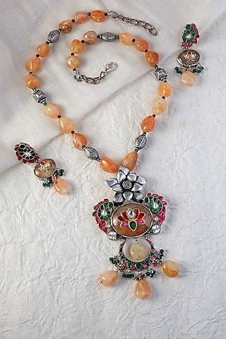 White Finish Kundan Polki Long Temple Necklace Set In Sterling Silver by Mero
