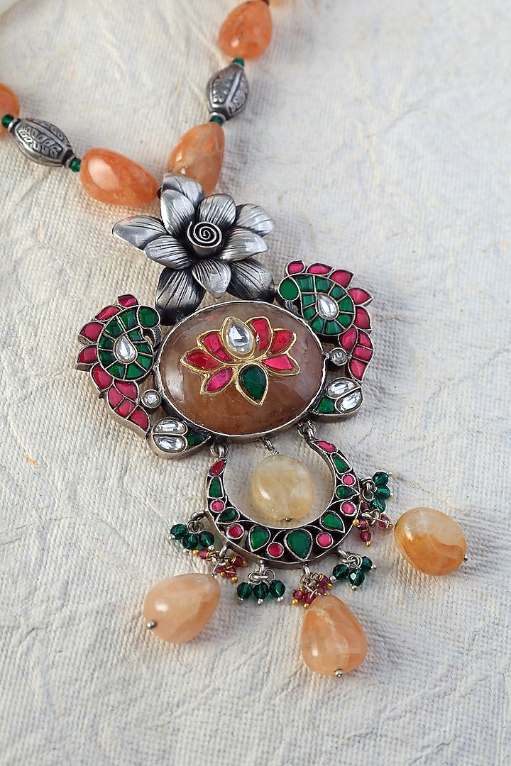 White Finish Kundan Polki Long Temple Necklace Set In Sterling Silver by Mero at Pernia's Pop Up Shop