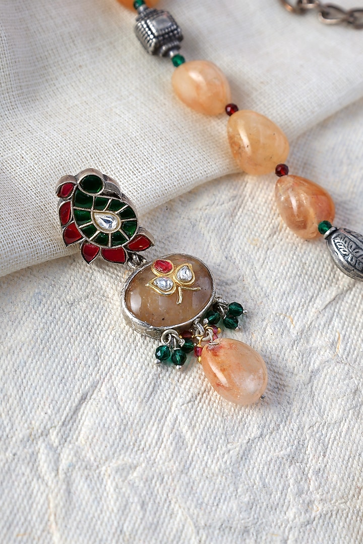 White Finish Kundan Polki Long Temple Necklace Set In Sterling Silver by Mero at Pernia's Pop Up Shop
