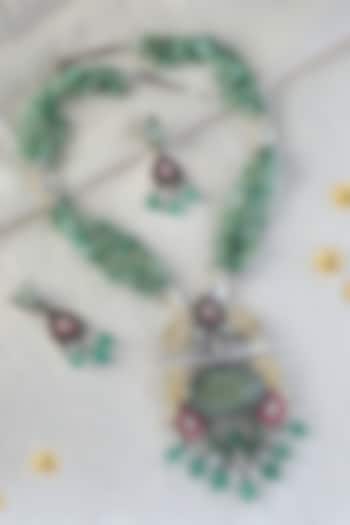 White Finish Kundan Polki Long Temple Necklace Set In Sterling Silver by Mero at Pernia's Pop Up Shop