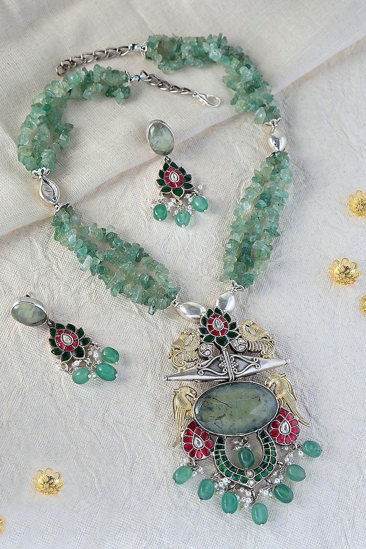 White Finish Kundan Polki Long Temple Necklace Set In Sterling Silver by Mero at Pernia's Pop Up Shop