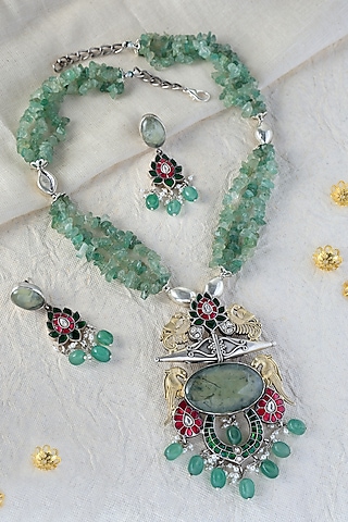 White Finish Kundan Polki Long Temple Necklace Set In Sterling Silver by Mero