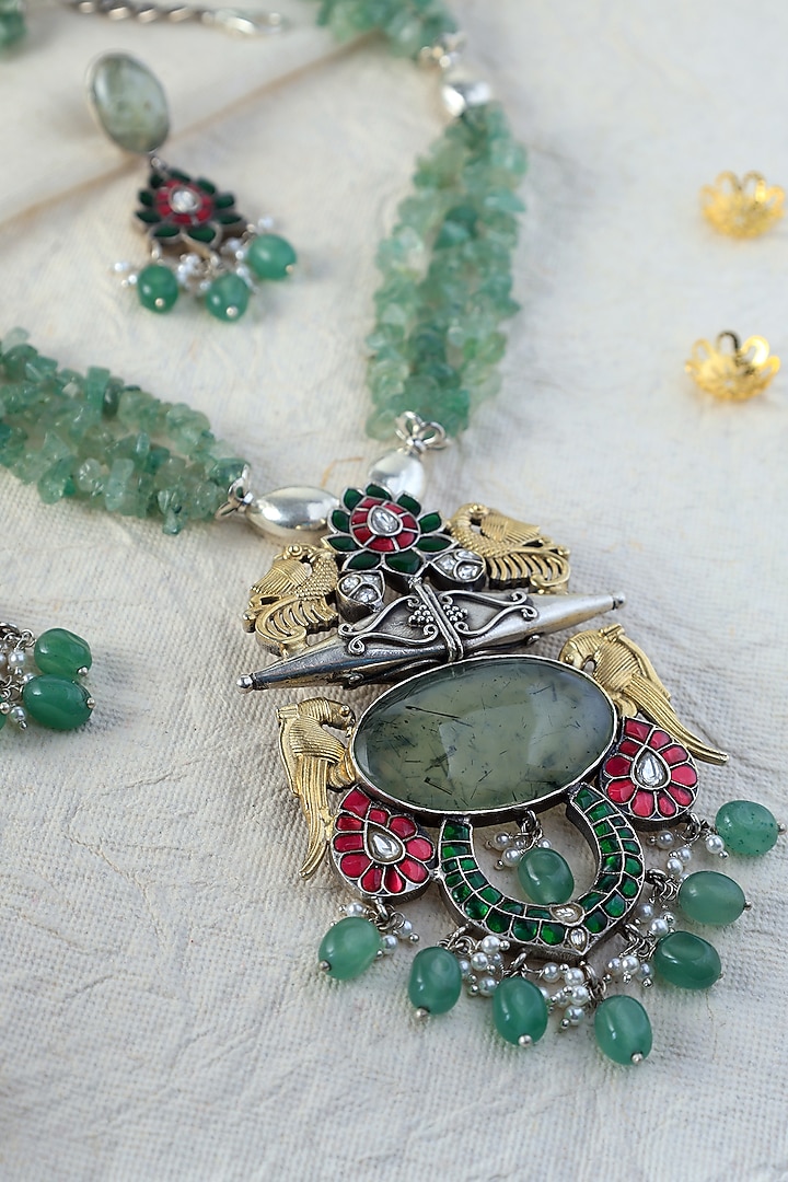 White Finish Kundan Polki Long Temple Necklace Set In Sterling Silver by Mero at Pernia's Pop Up Shop