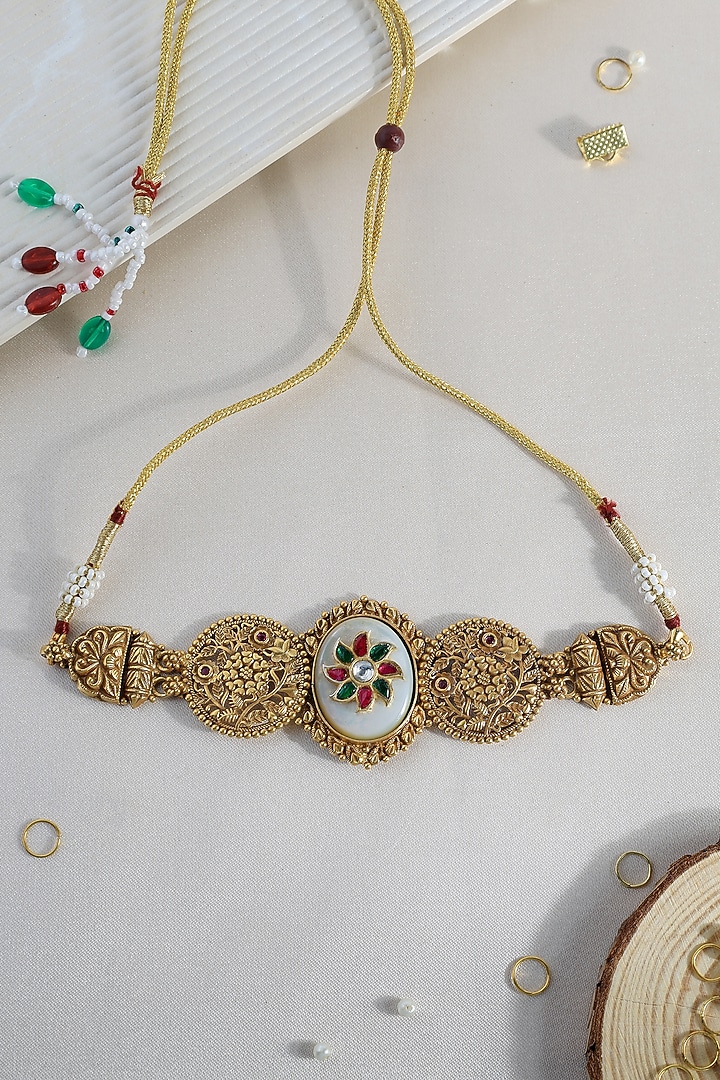 White Finish Kundan Polki Temple Choker Necklace In Sterling Silver by Mero at Pernia's Pop Up Shop