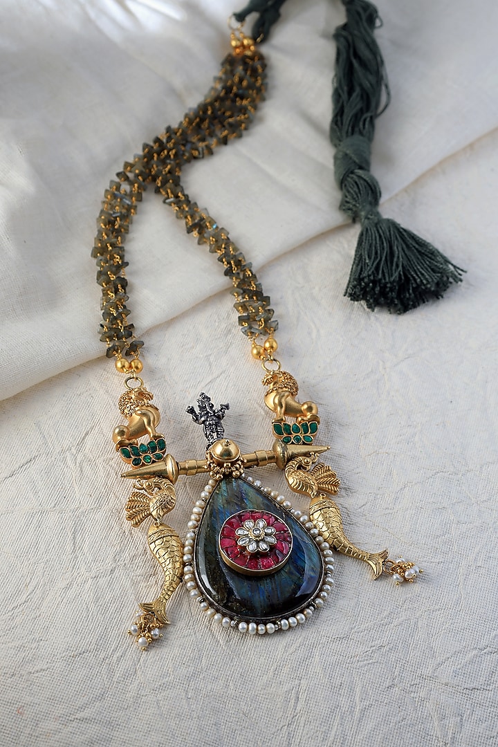 White Finish Kundan Polki & Labradorite Stone Temple Long Necklace In Sterling Silver by Mero at Pernia's Pop Up Shop
