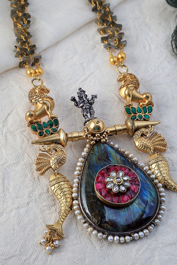 White Finish Kundan Polki & Labradorite Stone Temple Long Necklace In Sterling Silver by Mero at Pernia's Pop Up Shop