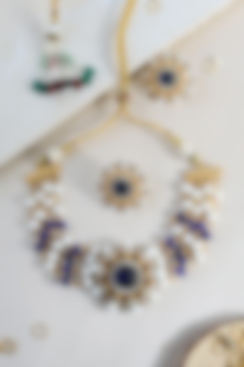 White Finish Moissanite & Lapis Stone Temple Choker Necklace Set In Sterling Silver by Mero at Pernia's Pop Up Shop