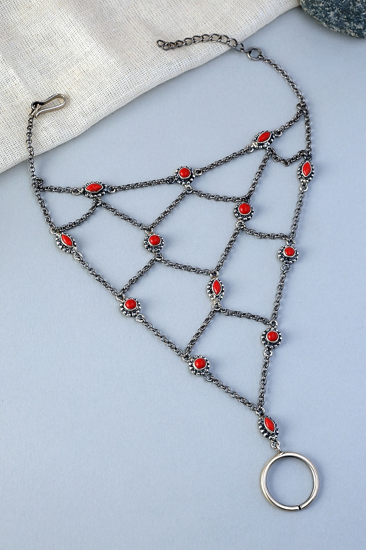 White Finish Coral Stone Haathphool In Sterling Silver by Mero at Pernia's Pop Up Shop