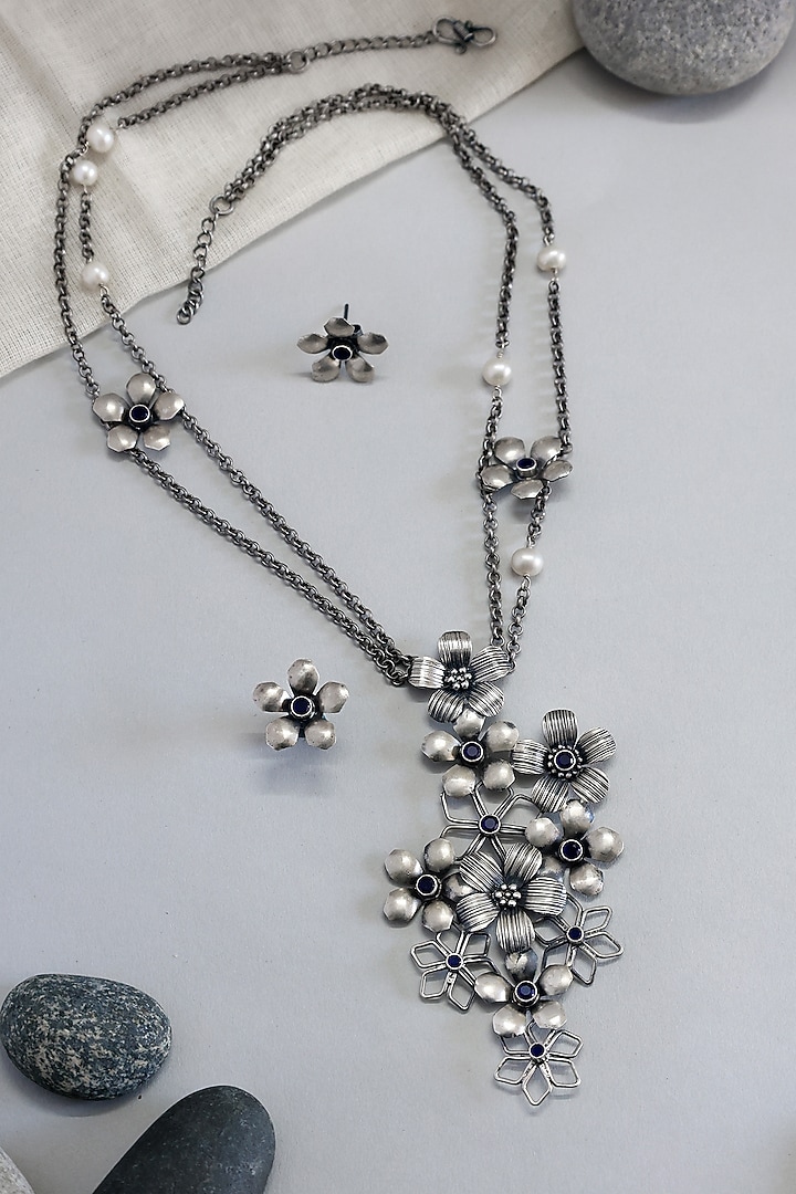 White Finish Sapphire Stone Long Floral Necklace Set In Sterling Silver by Mero at Pernia's Pop Up Shop