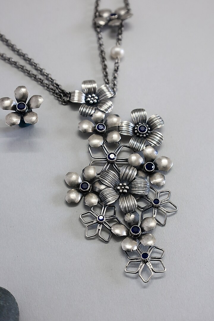 White Finish Sapphire Stone Long Floral Necklace Set In Sterling Silver by Mero at Pernia's Pop Up Shop