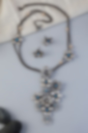 White Finish Turquoise Stone Long Floral Temple Necklace Set In Sterling Silver by Mero at Pernia's Pop Up Shop