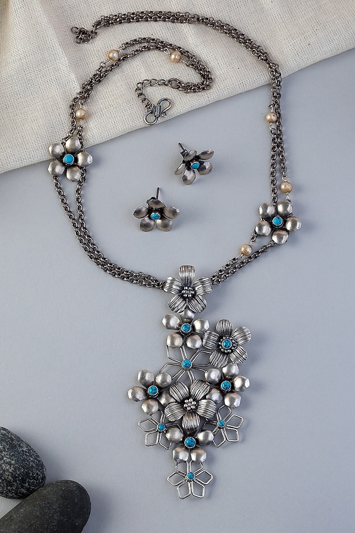 White Finish Turquoise Stone Long Floral Temple Necklace Set In Sterling Silver by Mero at Pernia's Pop Up Shop