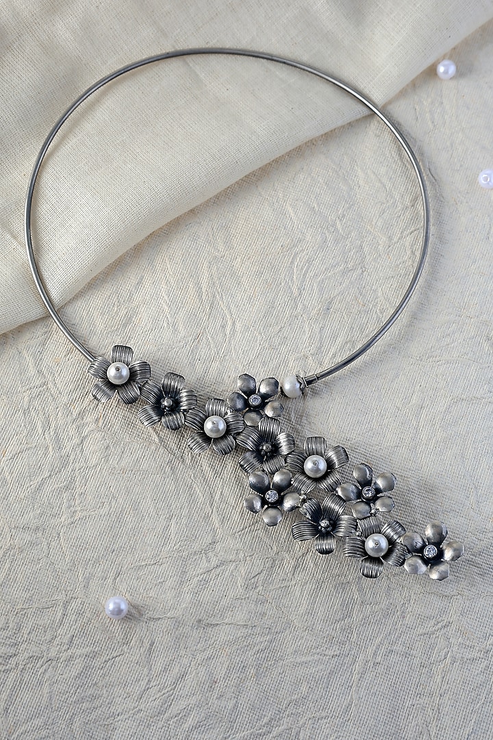 White Finish Pearl Floral Temple Necklace In Sterling Silver by Mero at Pernia's Pop Up Shop