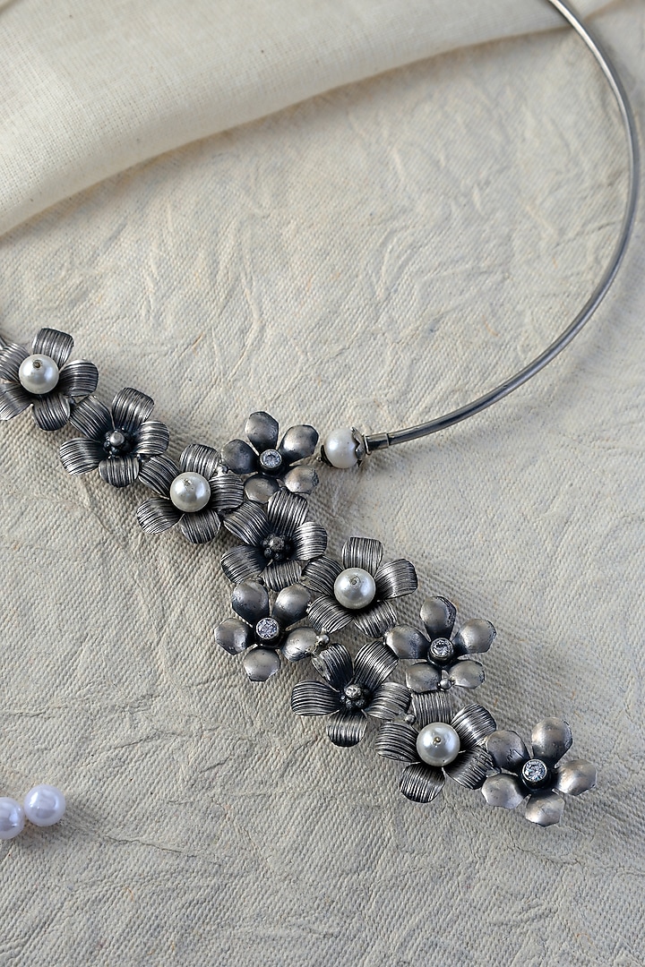 White Finish Pearl Floral Temple Necklace In Sterling Silver by Mero at Pernia's Pop Up Shop