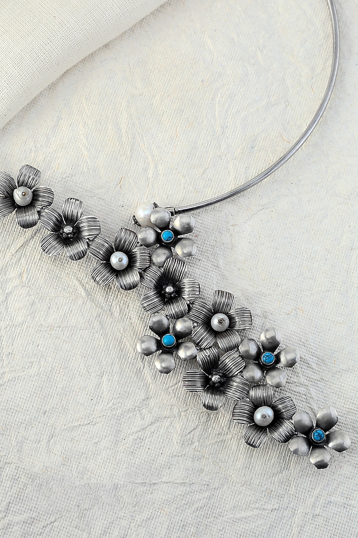 White Finish Turquoise Stone Floral Temple Necklace In Sterling Silver by Mero at Pernia's Pop Up Shop